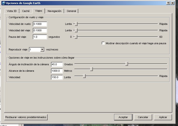 Herramienta de configuracion de Opciones de Viaje en Google Earth