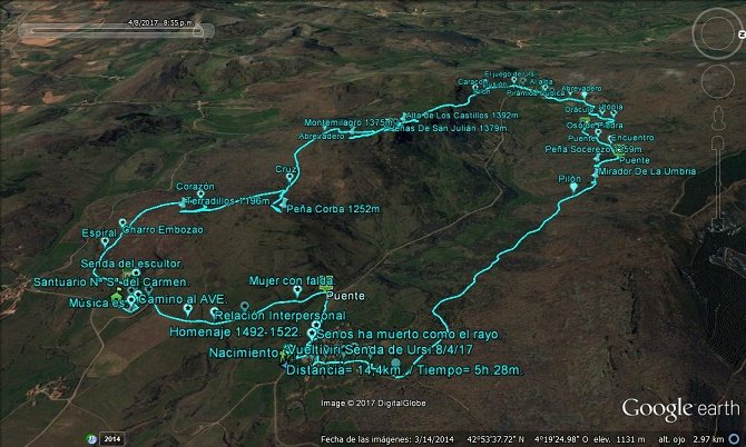 detalle del recorrido en google earth - Vueltíviri  Senda del escultor Ursi.8/4/17 -Ruta Senderismo