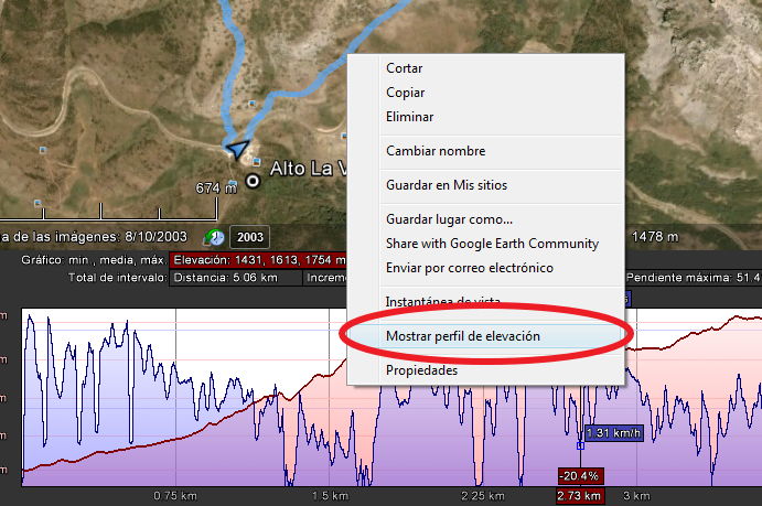 Perfil de elevacion en Google Earth 0