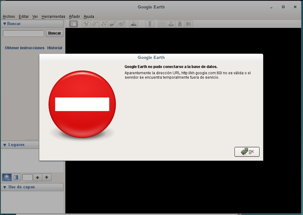 Imagen 1 - Google Earth no pudo conectarse a la base de datos - Error