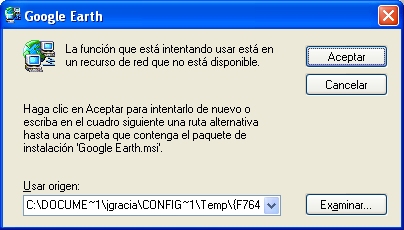 Pantalla de error - No puedo instalar ni desinstalar me pide google earth.msi