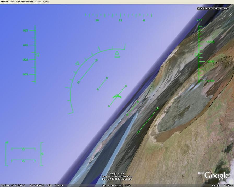 Girando a 45° - Modo Simulador de Vuelo con Google Earth