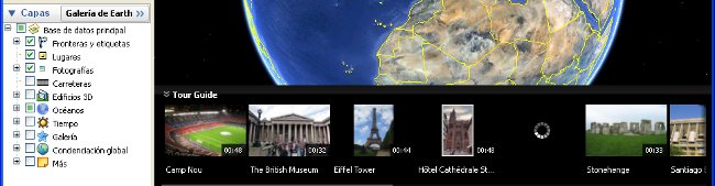 Zona inferior con un tour inicial y nuevo menú de capas - Google Earth 7 - 3D mejorado