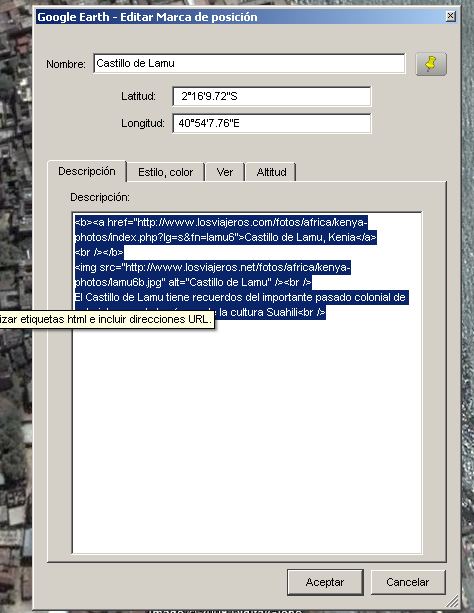 HTML en Descripcion de Localización de Google Earth - Como poner una foto y un enlace en Google Earth