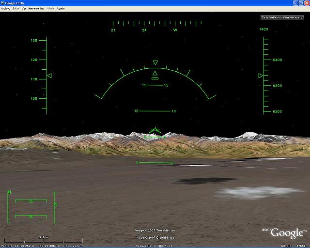 Cruzando un valle y ganando altura para encarar la cordillera - Modo Simulador de Vuelo con Google Earth