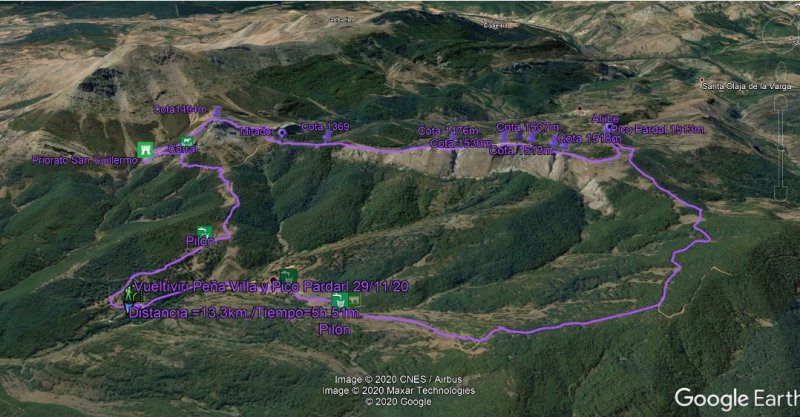 detalle del recorrido con google earth - Peña Villa y Pico Pardal.29/11/20